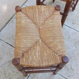 Pair of vintage wooden and straw stools from the 50s, rectangular
