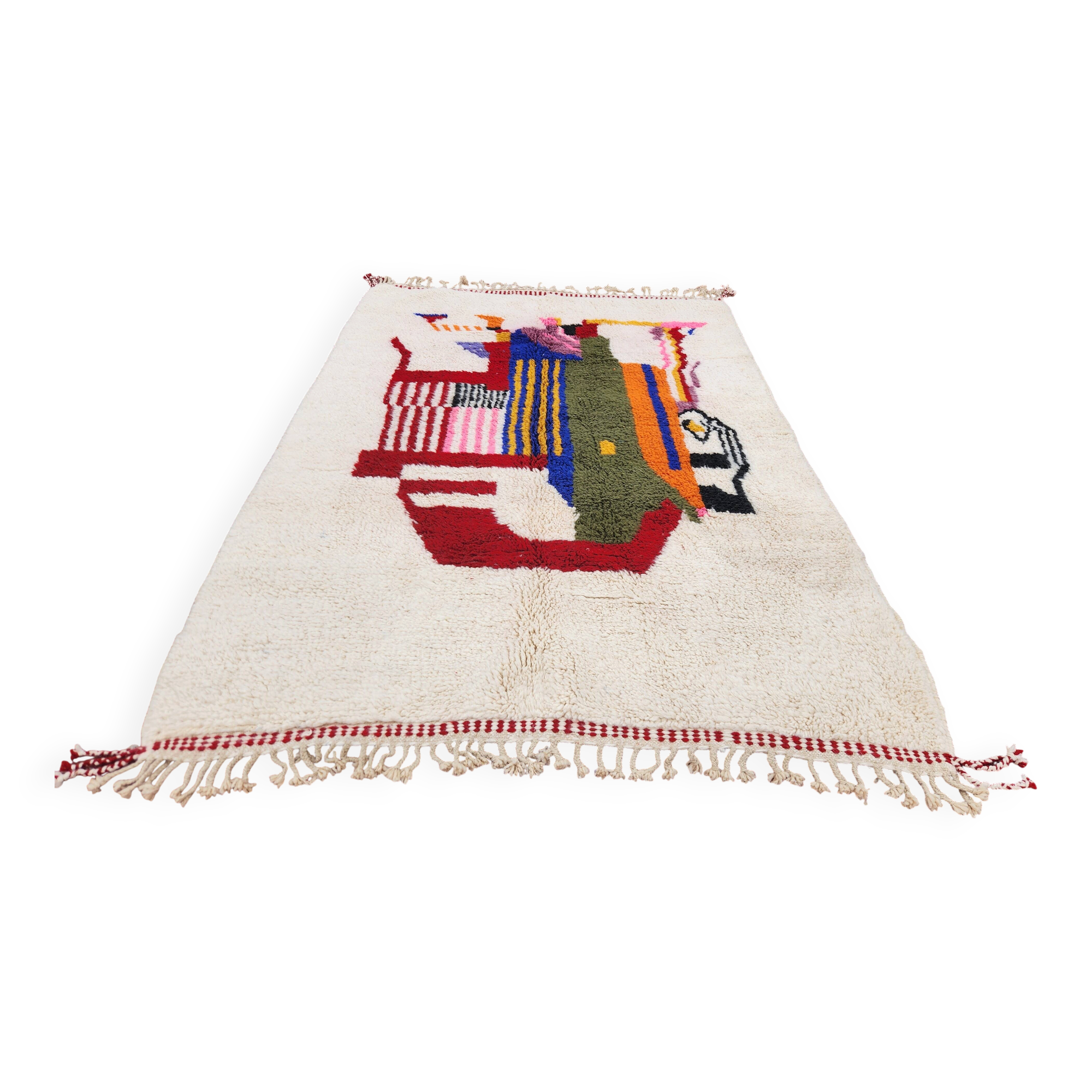 Tapis berbère artistique 243x156 cm – Laine écrue & motifs abstraits coloré