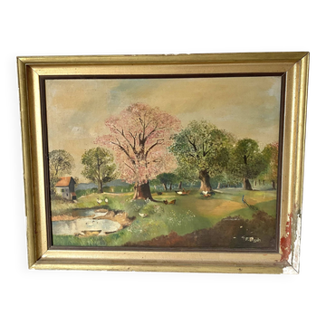 Huile sur toile encadrée paysage campagne