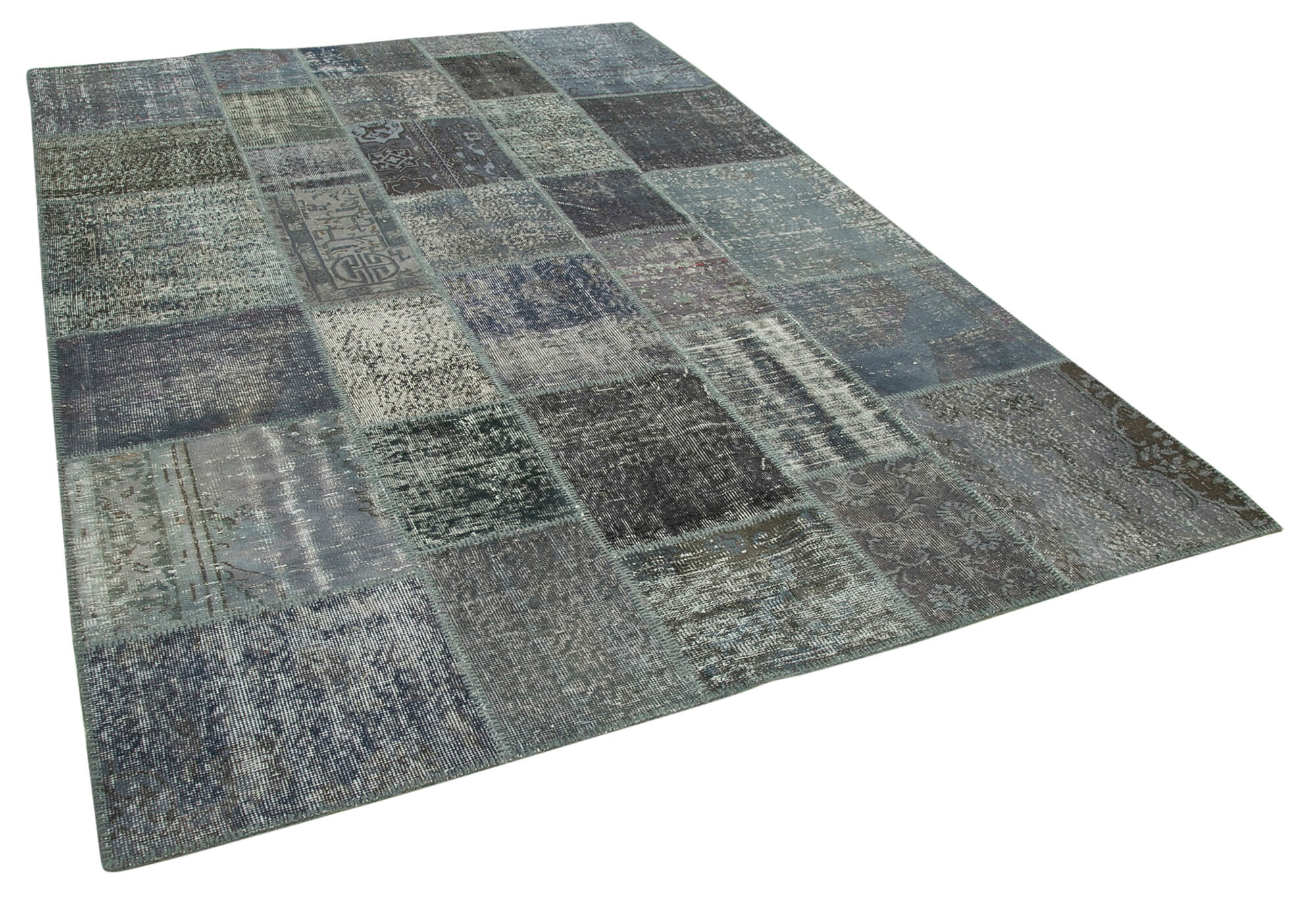 Handwoven turkish contemporary 205 cm x 302 cm grey patchwork carpet