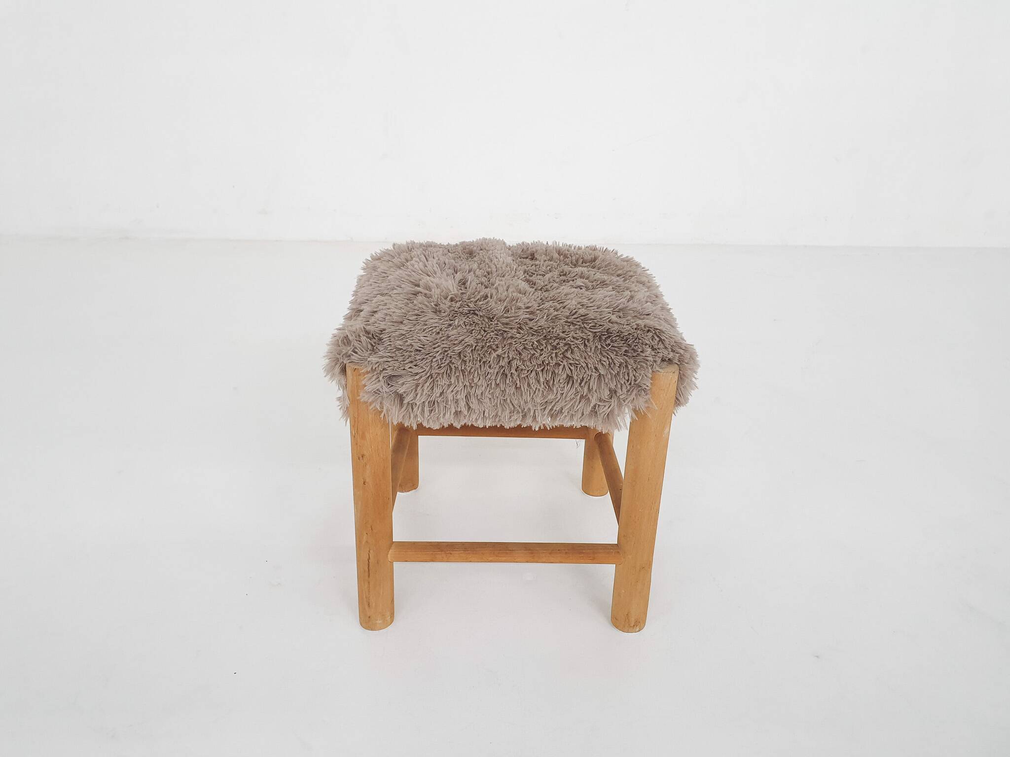 Mid-century wooden stool with fake-fur upholstery, Denmark 1960's