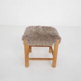 Mid-century wooden stool with fake-fur upholstery, Denmark 1960's