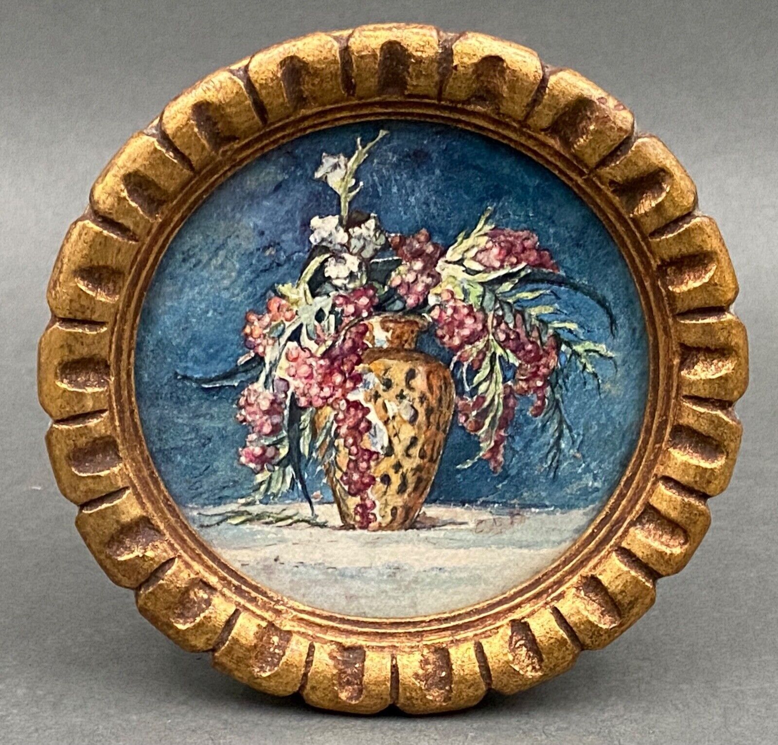 Miniature on paper still life bouquet of flowers golden frame 1900