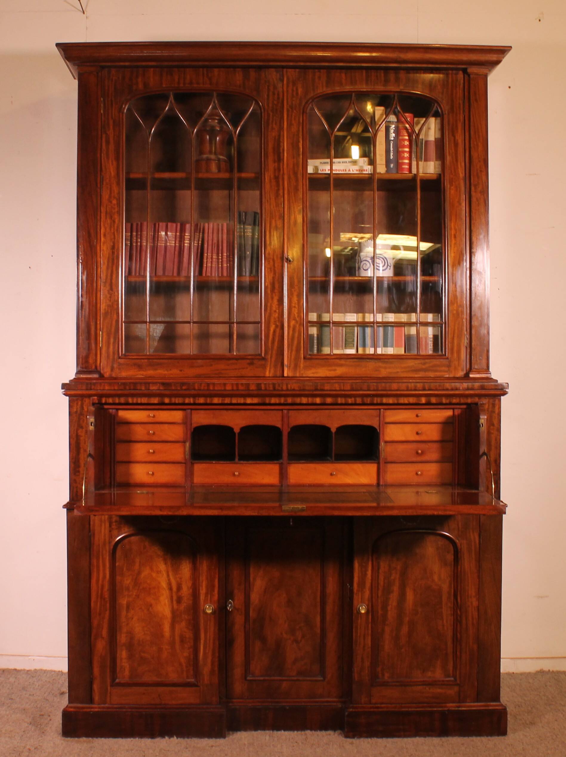 Display Cabinet or Mahogany Bookcase with Secretary - 19th Century