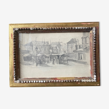 Pencil drawing of the market of la rochelle late 19th early 20th