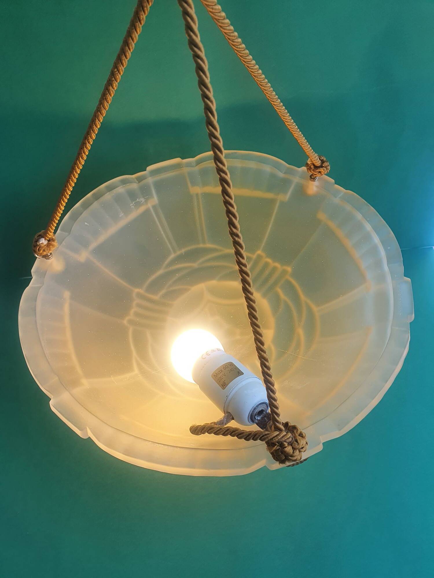 Pressed glass basin pendant light with Art Deco floral decoration Artistar France