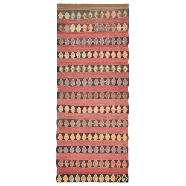 1970s Vintage Turkish Oushak Handmade Wool Cotton Red Runner Rug 140x353