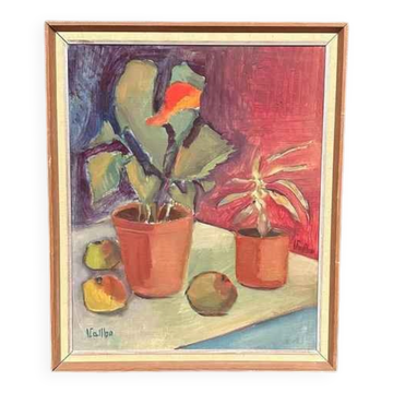 Huile su panneau suédoise – « Nature morte » par Valbo – Signée – Vintage et encadrée