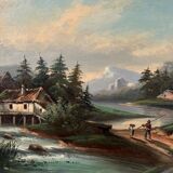 Oil on canvas landscape by a river and mountains in the distance, late 19th century