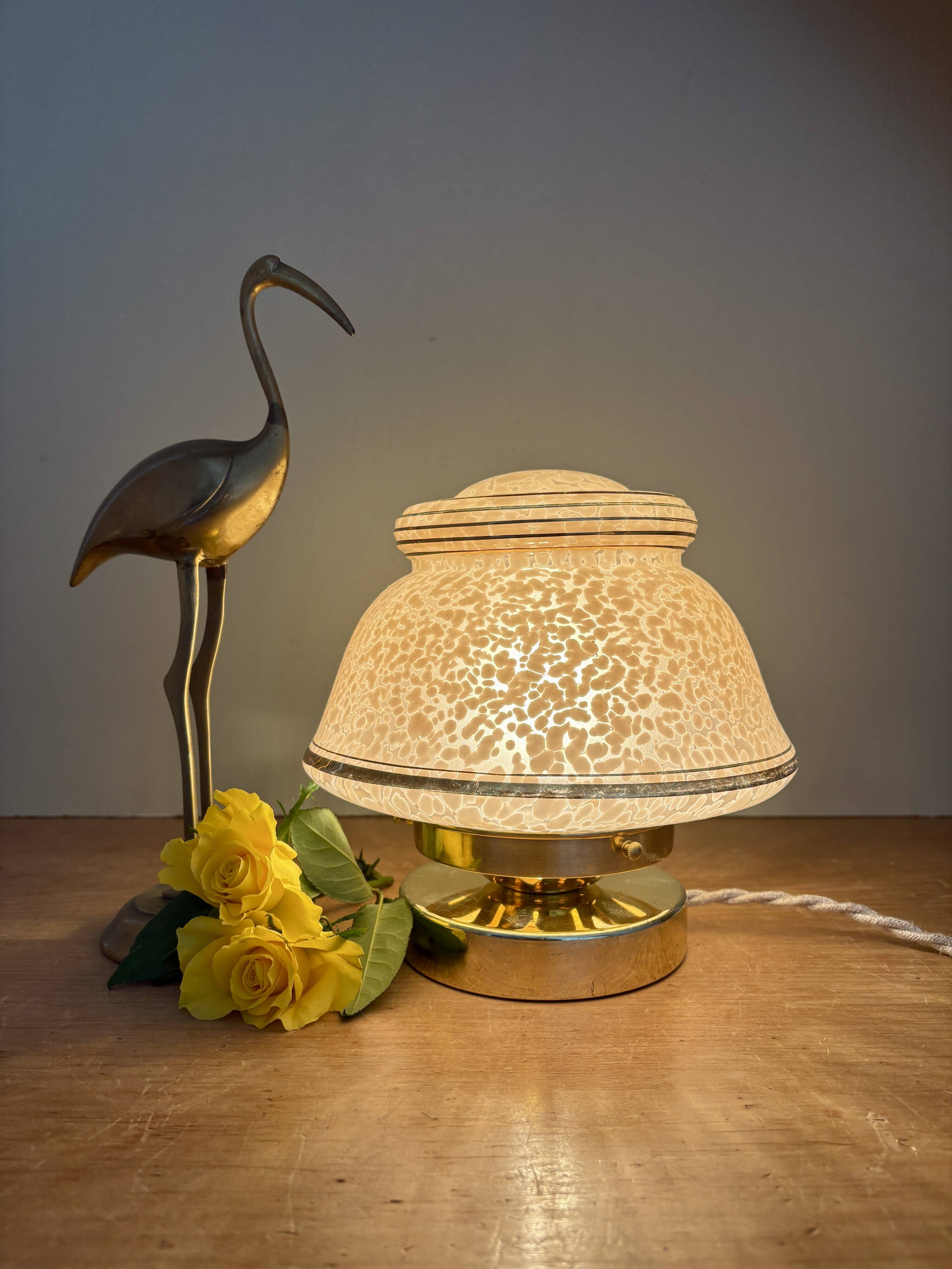 Antique art deco globe table lamp in pink and gold Clichy glass