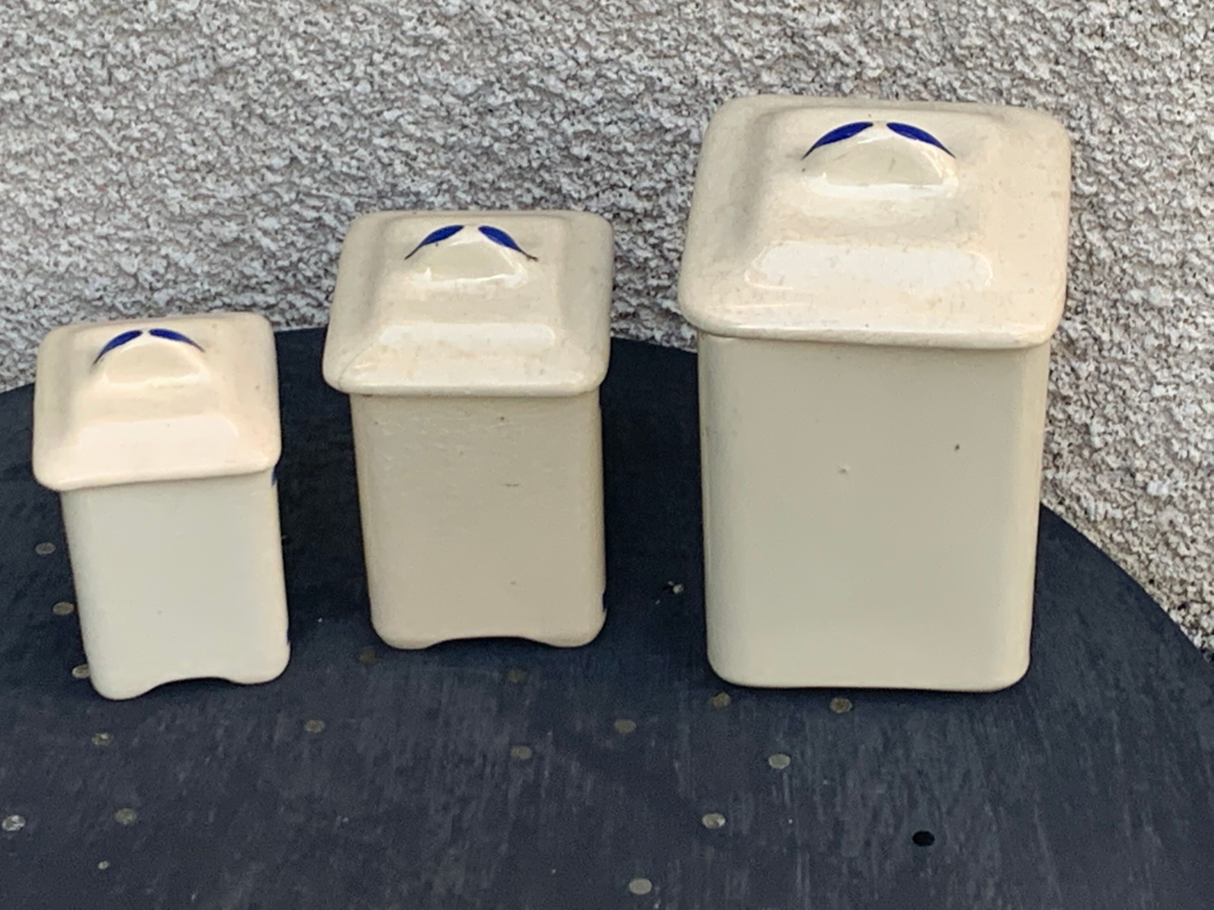 Set of 3 earthenware spice pots geometric pattern art deco period