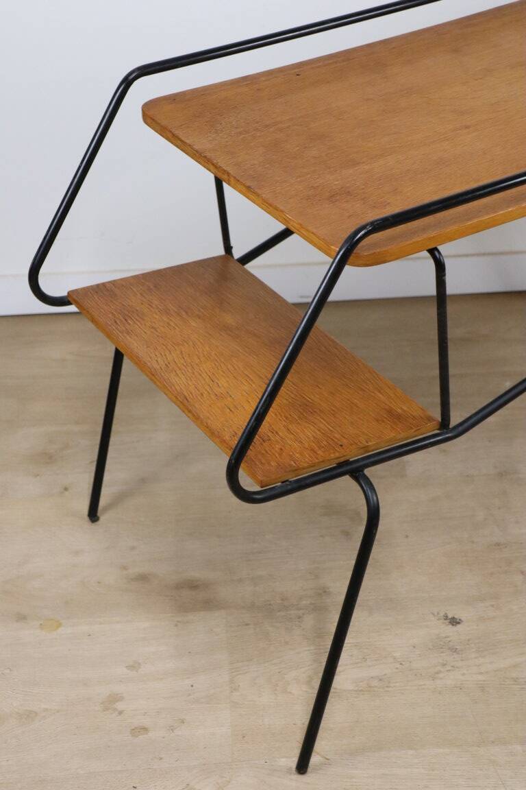 Vintage side coffee table in black lacquered metal and oak, 1950