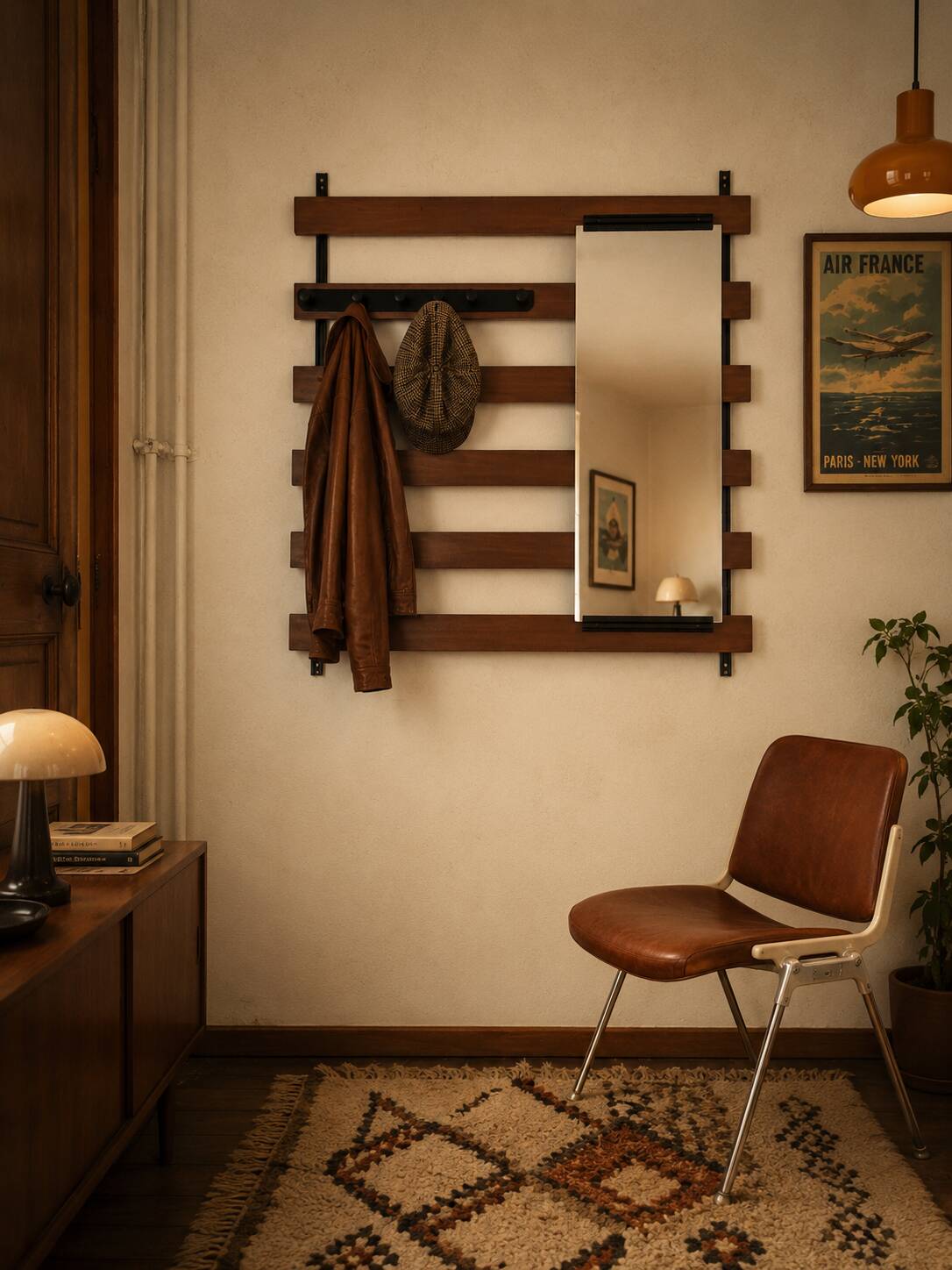 Vintage teak wall coat rack with 5 hooks and mirror.