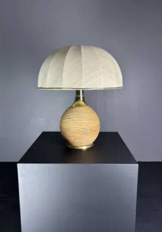 Large midcentury pencil reed rattan bamboo mushroom table lamp, 1970s