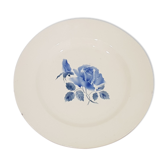 Round dish in digoin earthenware decorated with blue roses