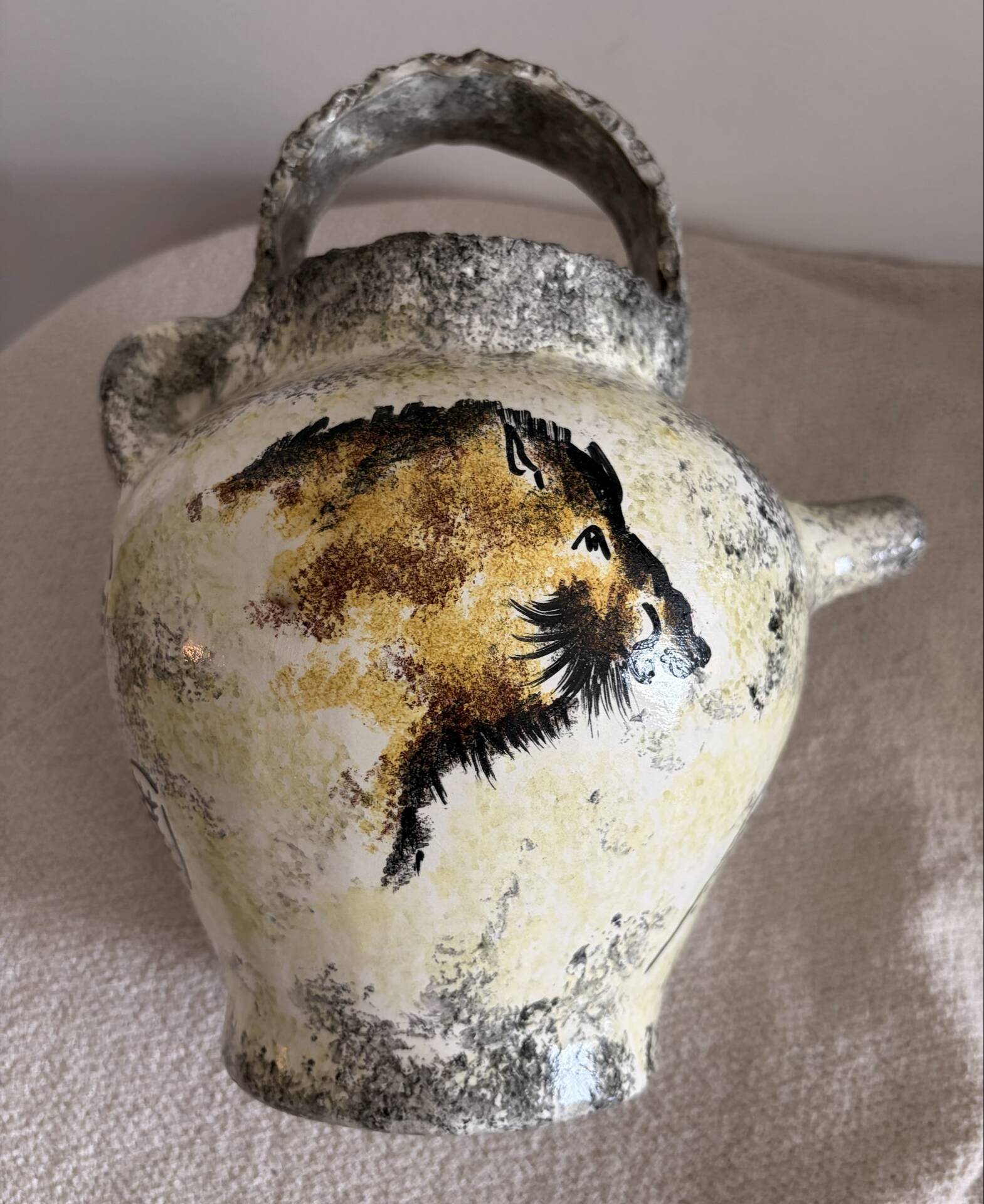 Vintage French Studio Ceramic Pitcher by Ghila – Lascaux Cave Art Styl