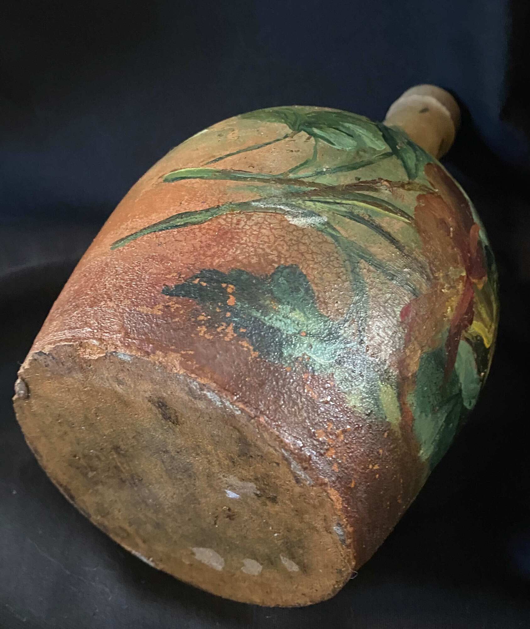 Beautiful bottle B old sandstone painted with floral motifs Folk art Puisaye