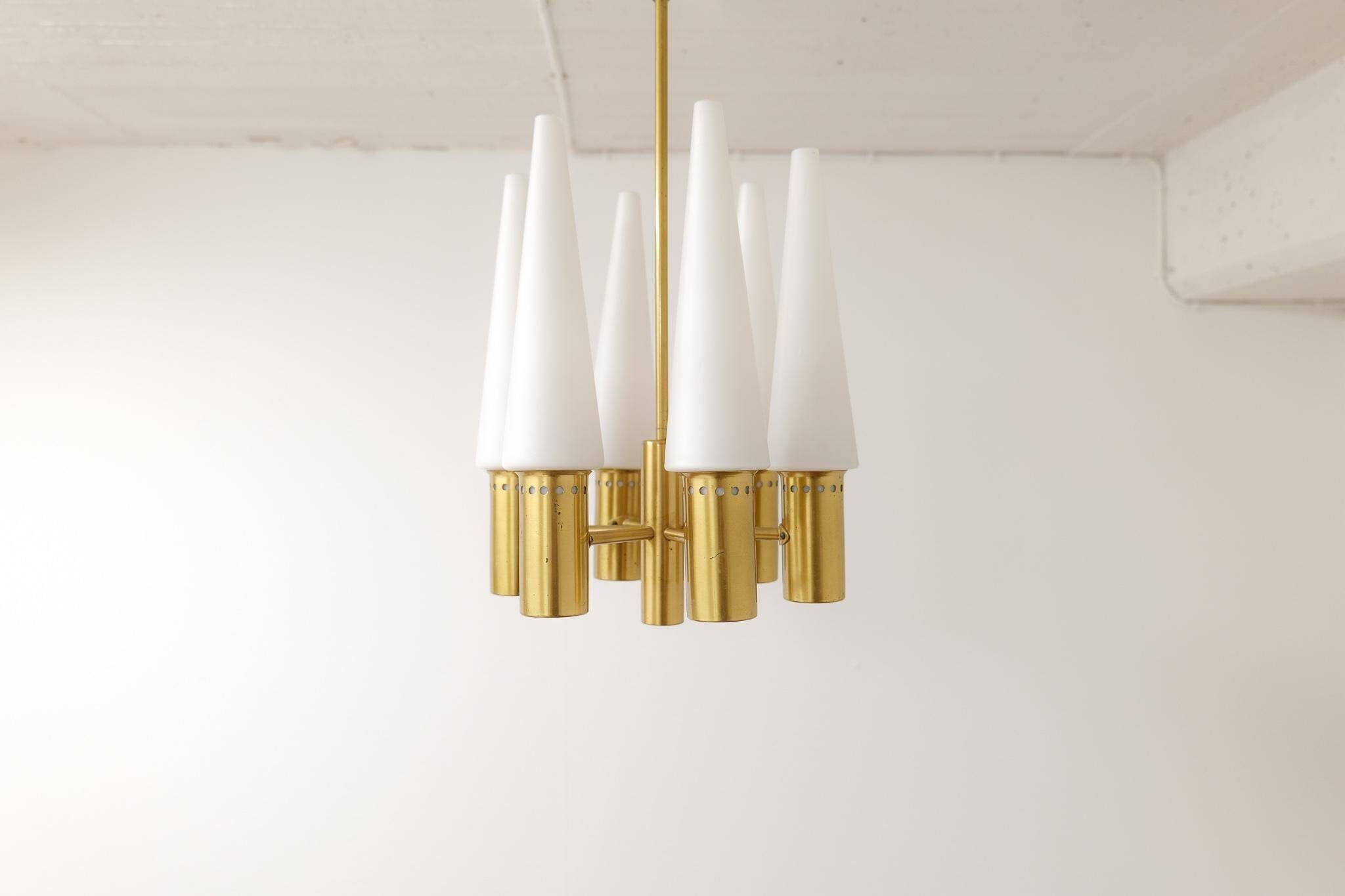 Midcentury brass and opaline ceiling lamp by Hans-Agne Jakobsson, Sweden, 1950s.