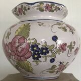 Round earthenware vase with polychrome floral motifs, signed