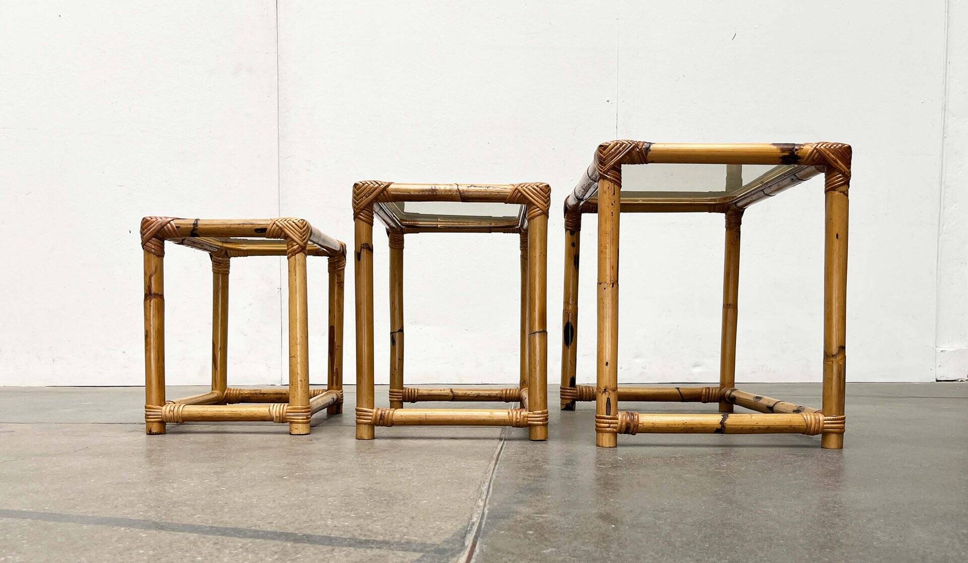 Nest of bamboo and glass tables in mid-century style, 1960s, set of 3.
