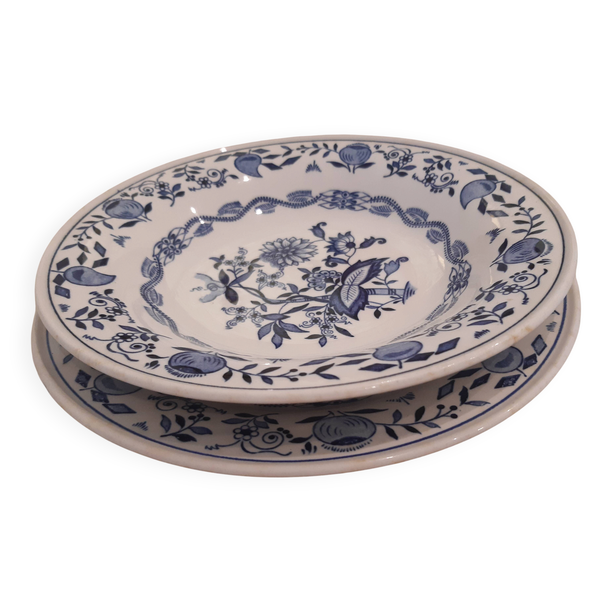 Set of two plates, flat and deep, with a country blue decoration.