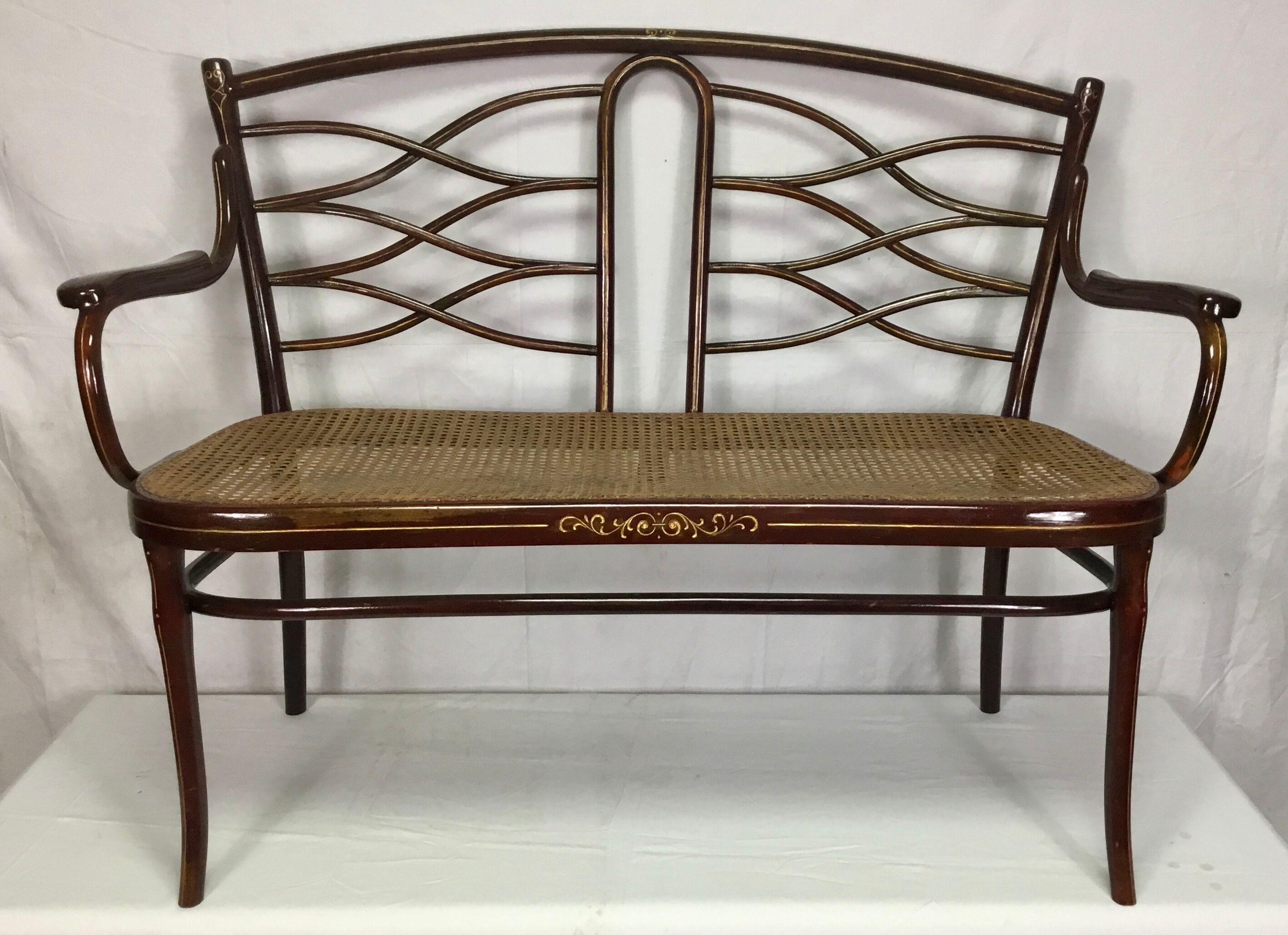 Turned wooden bench with caning by Thonet, Austria