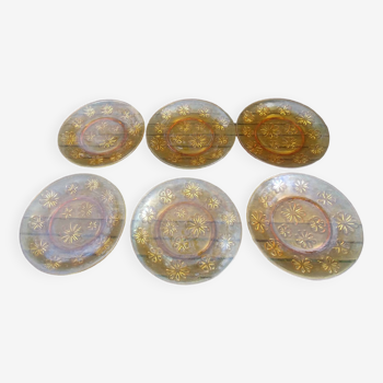 Set of six vintage dessert plates in amber glass from Veréco duralex with embossed flower decoration