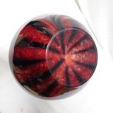 Large vintage blown glass ball vase with red and midnight blue flamed decor