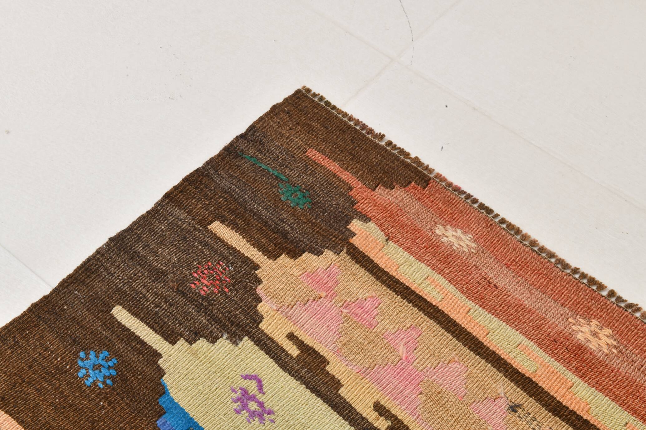 4x13 Beige & Orange Kilim Runner Rug, Wool Runner Rug, Stair Rug, 121x395Cm