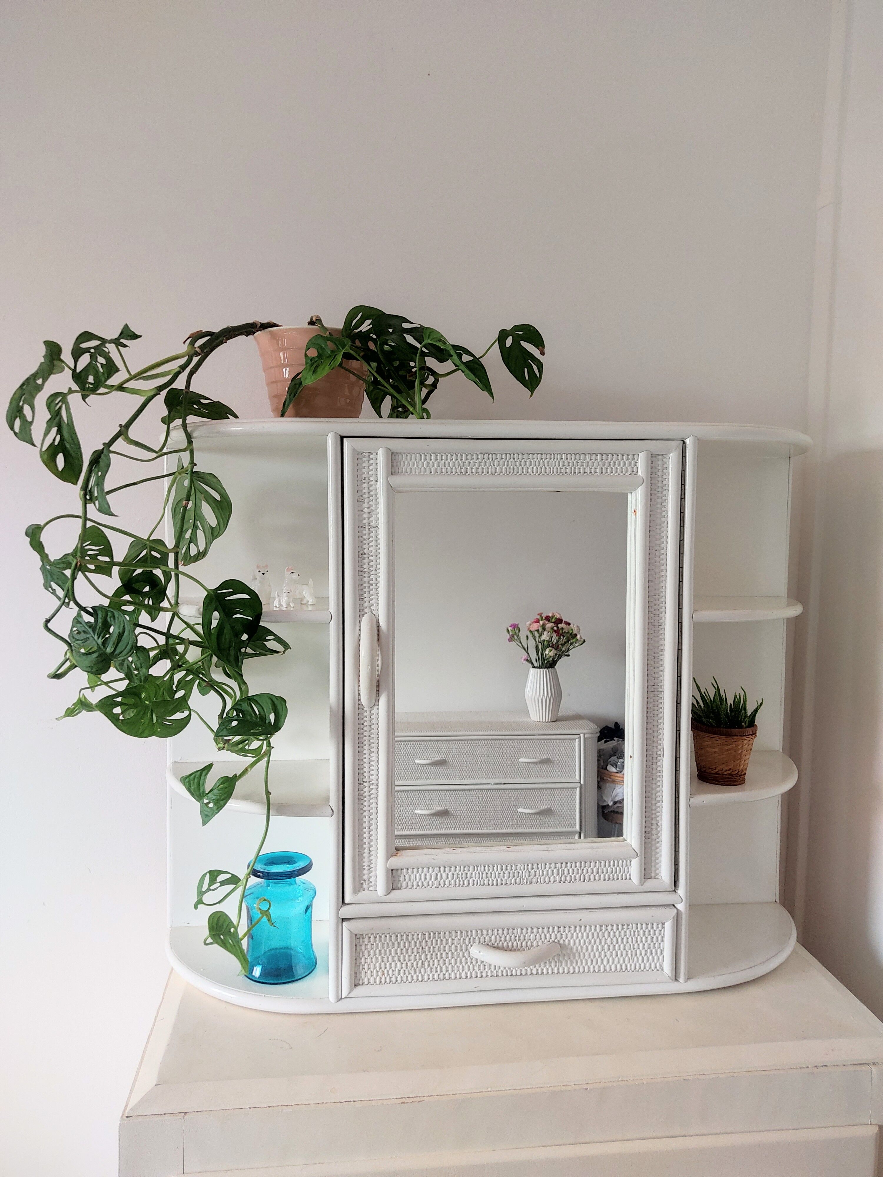 Vintage wooden and wicker shelf