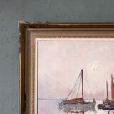 Mid-Century Modern Swedish "Coastal Sunset" Vintage Seascape Oil Painting, Framed