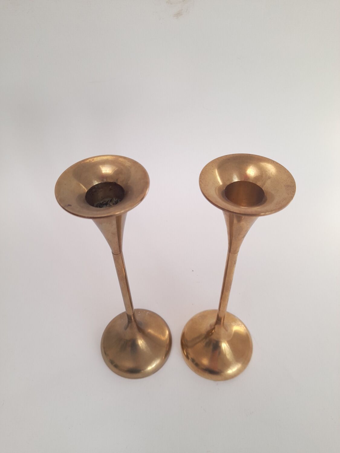 Pair of trumpet candlesticks in brass, Danish design.