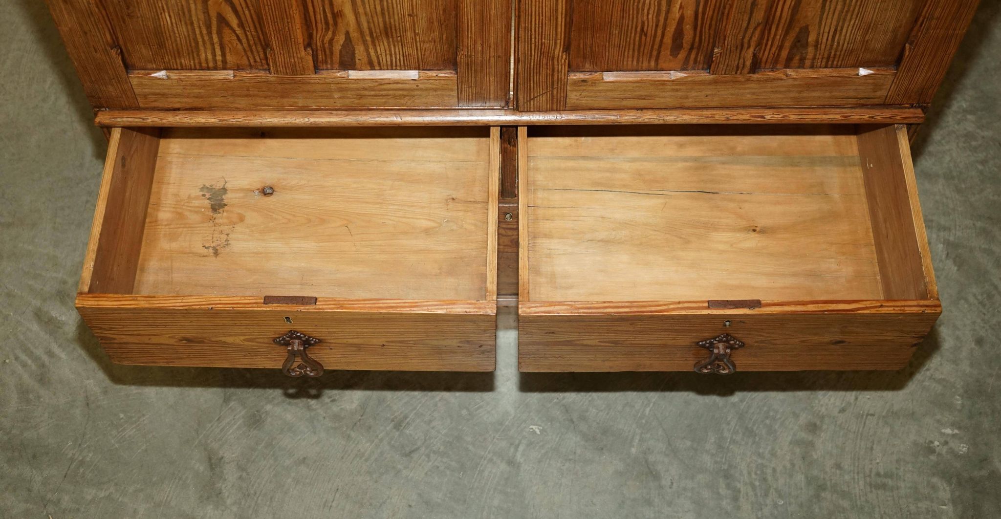 Antique Victorian pine governess buffet with sliding shelf.