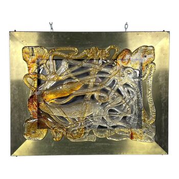 Mid-century backlit panel in brass and murano glass by la murrina