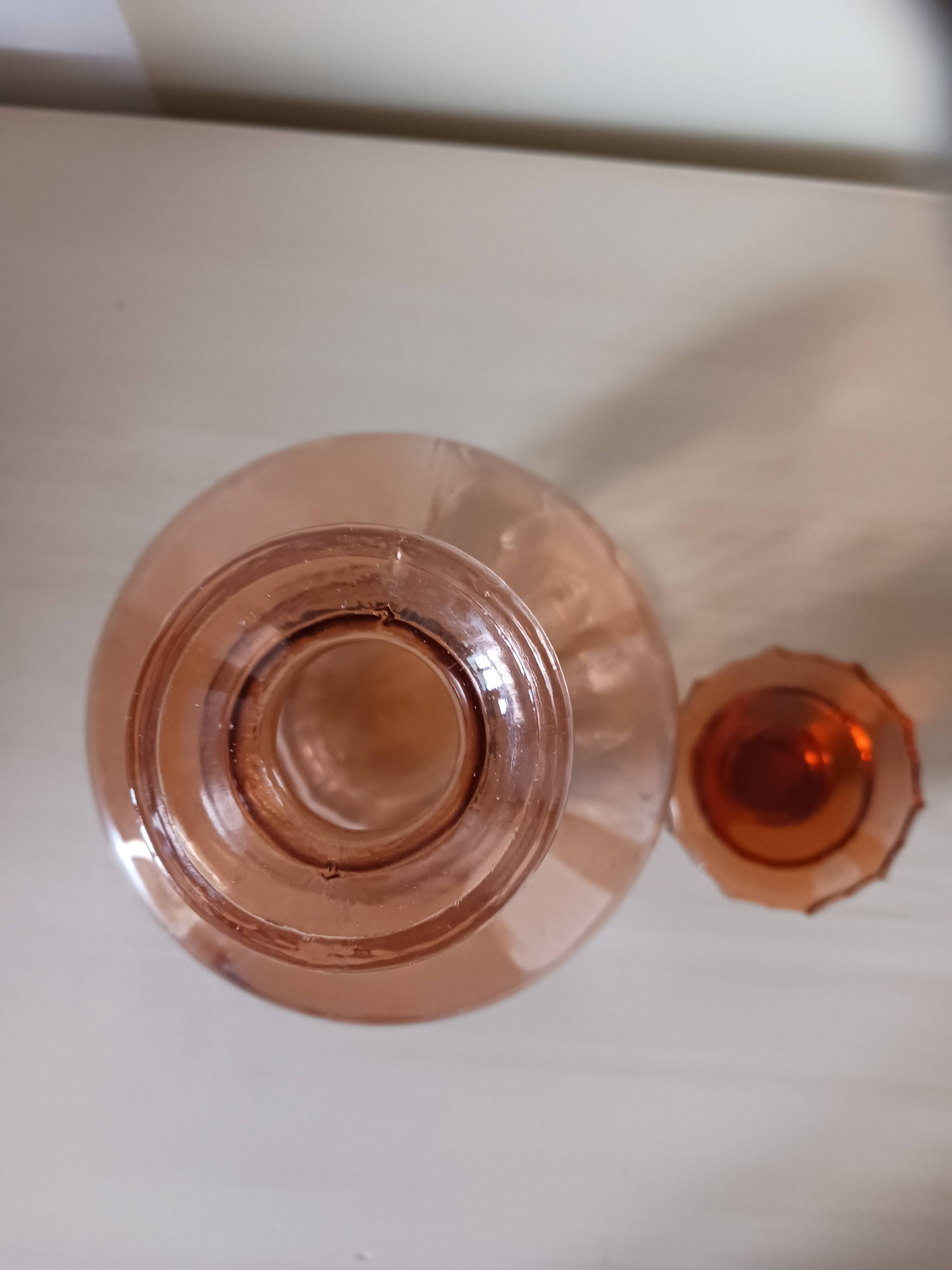 Vintage carafe in powder pink glass.