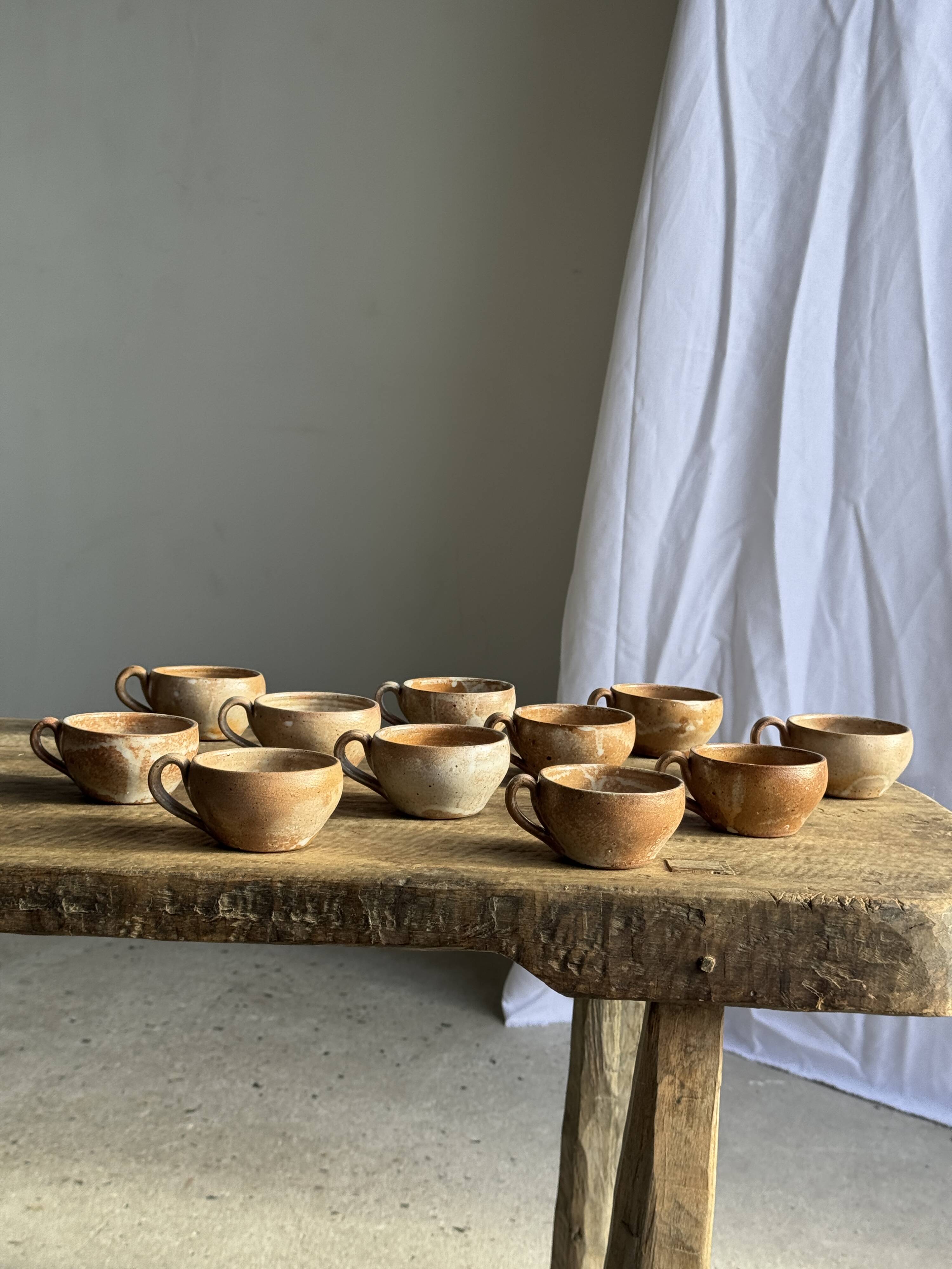Set of 11 vintage coffee cups, raw matte stoneware H11