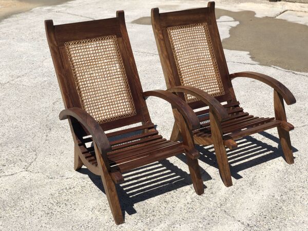 Ensemble de 4 fauteuils vintage en canne et latte de bois 1950