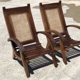 Ensemble de 4 fauteuils vintage en canne et latte de bois 1950