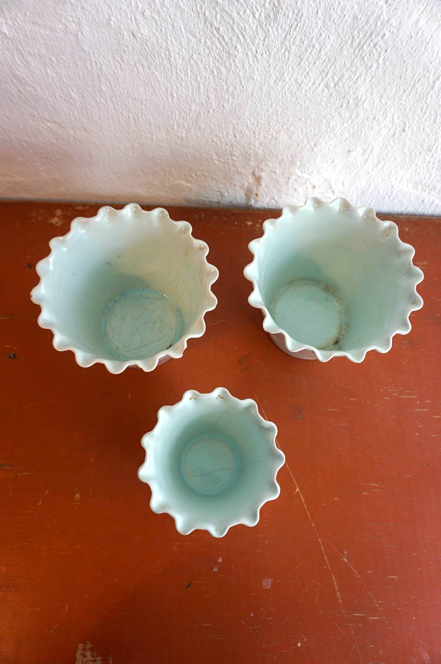 Celedon baby blue flower pots with ruffled lips set of 3