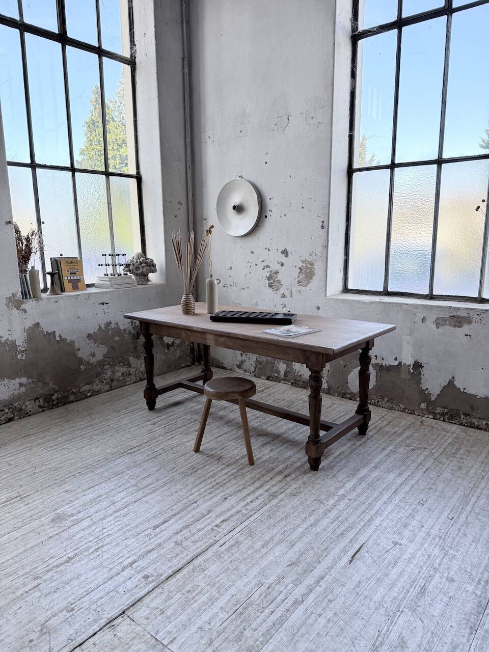Farm table with turned legs, made of pine and birch, 180cm.