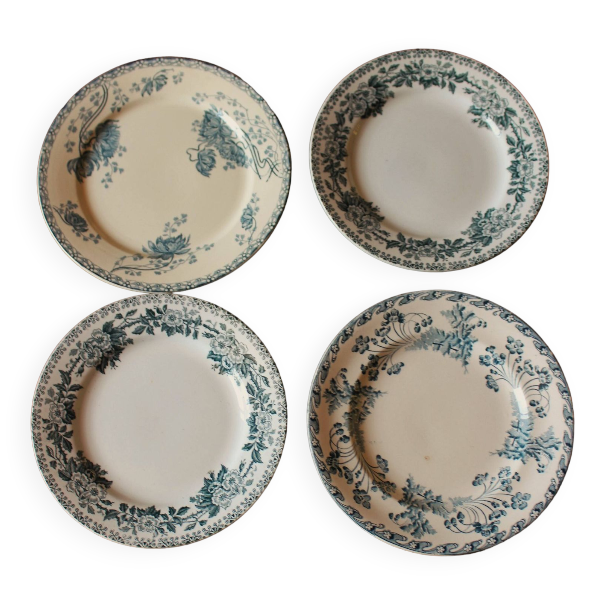 Set of 4 mismatched blue flat plates