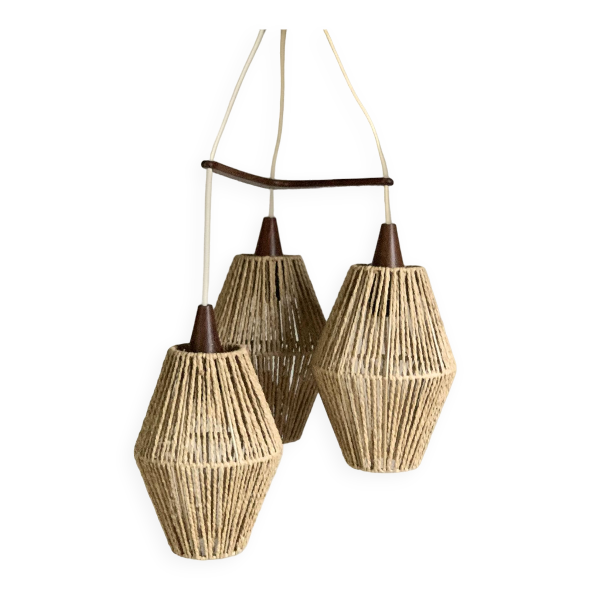 Vintage Scandinavian boomerang pendant light in teak and rope