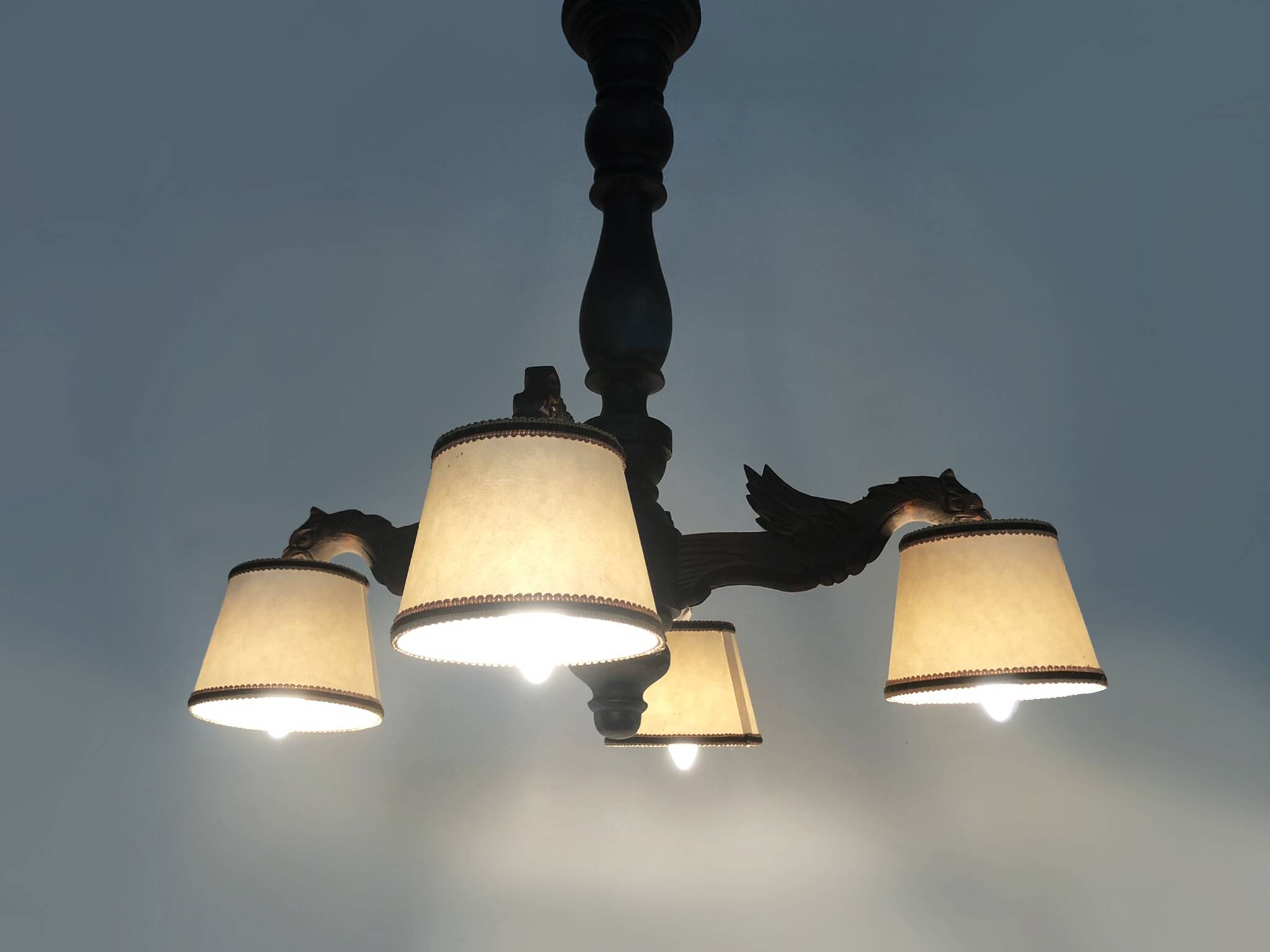 Antique hand-carved wooden dragon chandelier with 4 lights from the 1950s