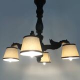 Antique hand-carved wooden dragon chandelier with 4 lights from the 1950s