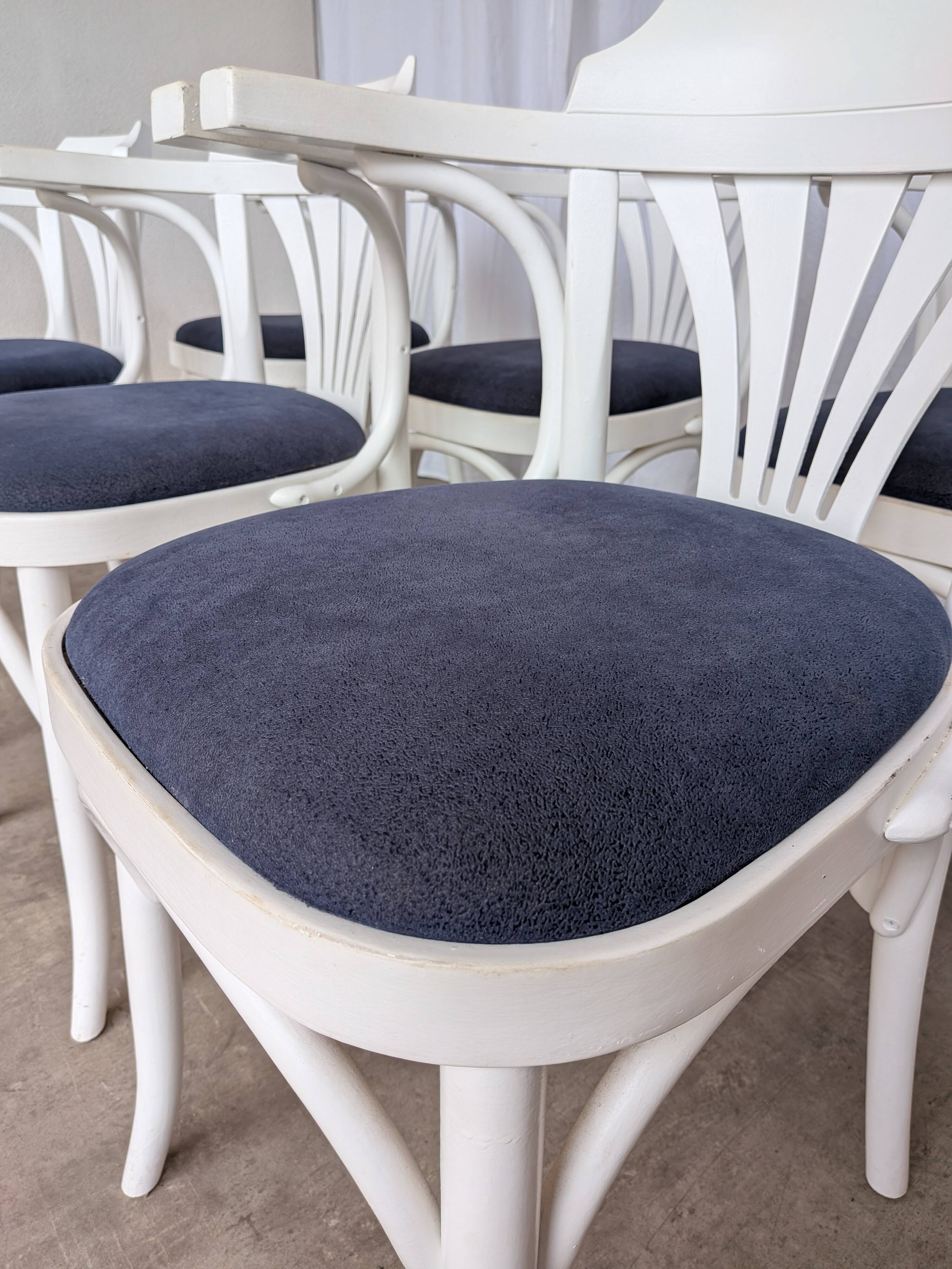 Ensemble de 6 chaises de salle à manger vintage en bois courbé blanc / fauteuil de style Thonet des années 1970
