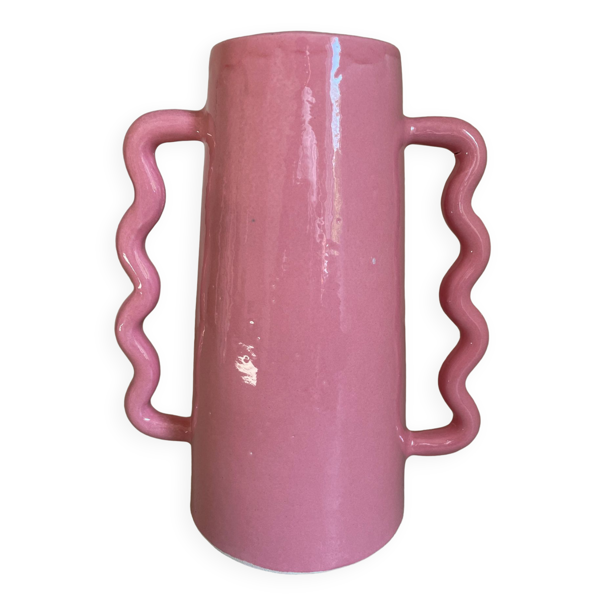 Handmade abstract corrugated handle pink ceramic vase
