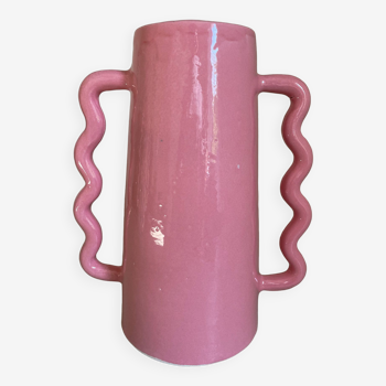 Handmade abstract corrugated handle pink ceramic vase