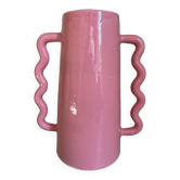 Handmade abstract corrugated handle pink ceramic vase