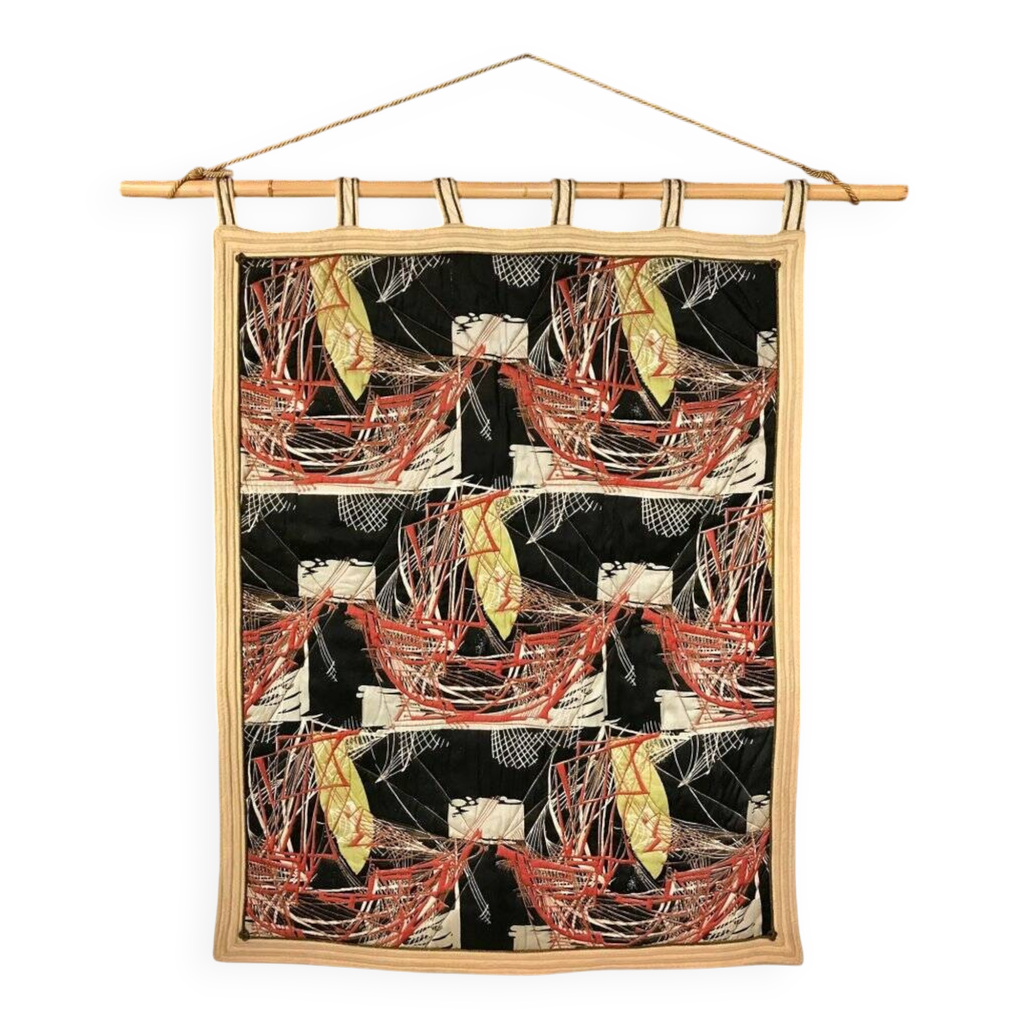 Tapestry wall hanging with sailing boats motif on bamboo rod, Italy 1940s