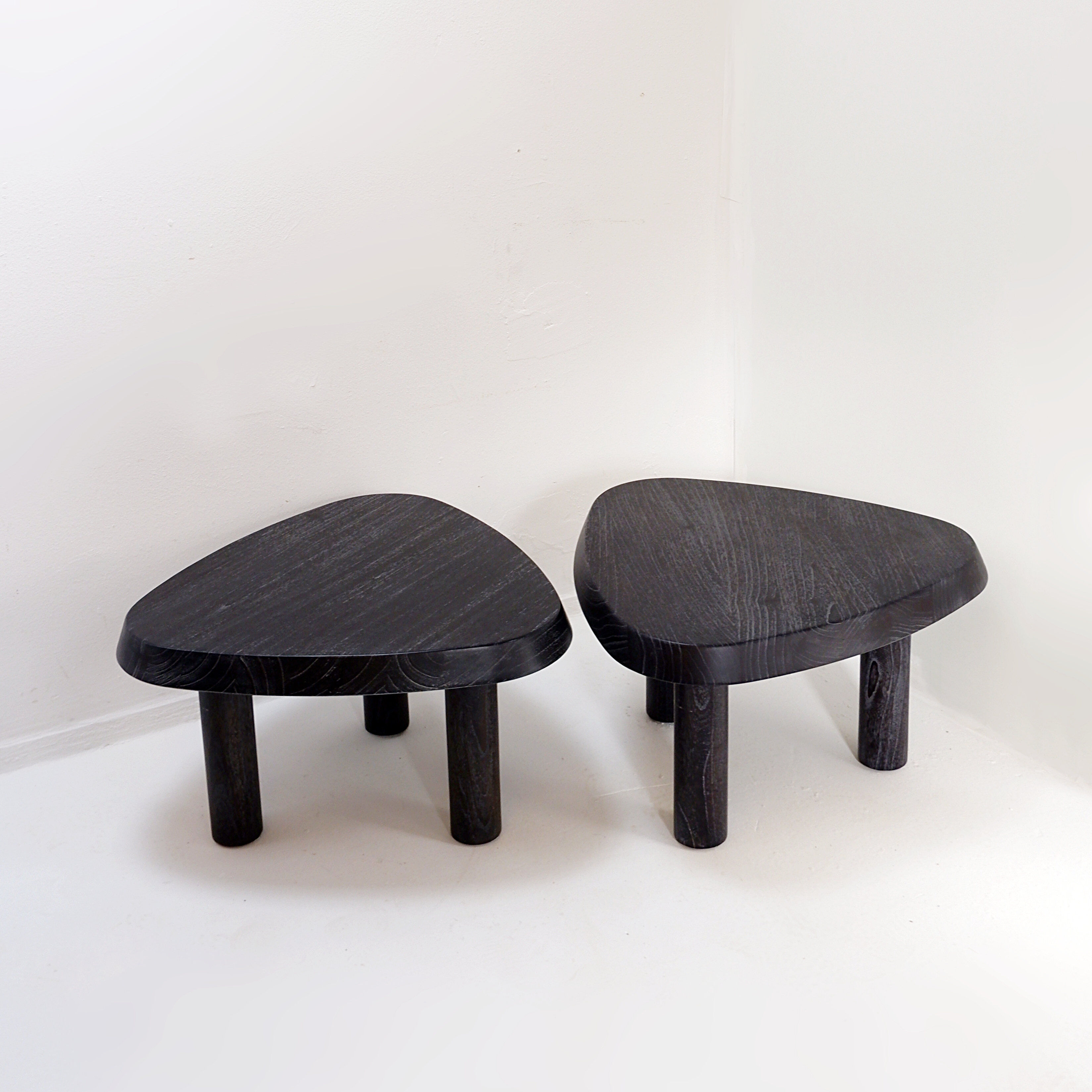 Pair of 3-legged side tables - in the style of Pierre Chapo